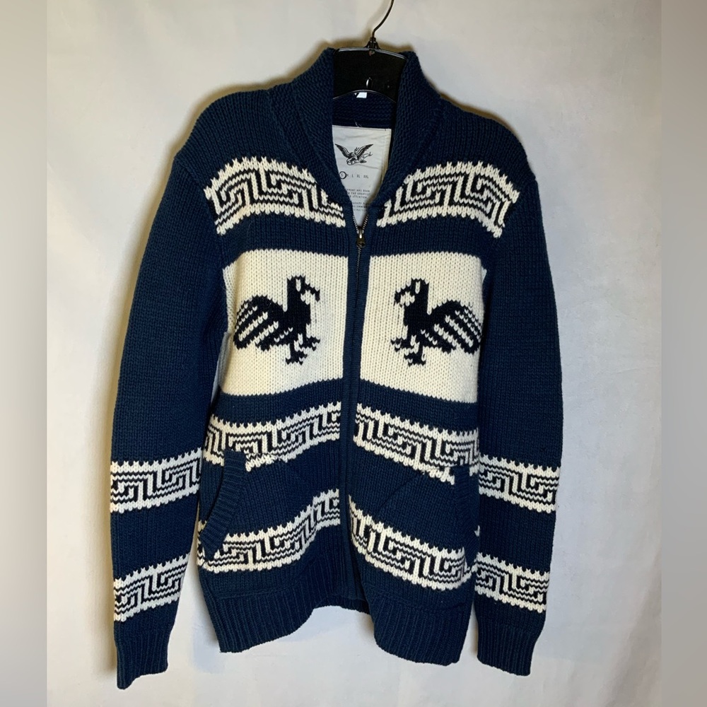 FCUK French Connection Cowichan-Style Eagle Zip Cardigan Sweater Navy/Cream S